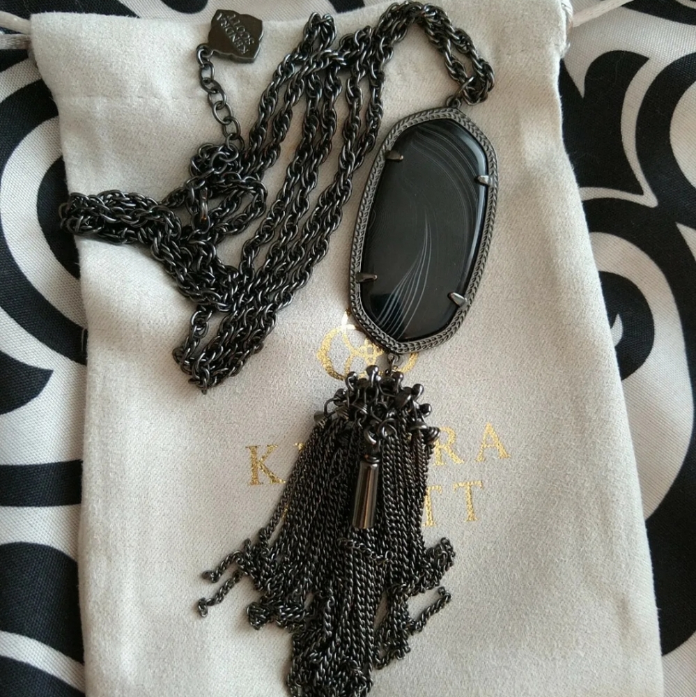 Kendra Scott Black Banded Agate Gunmetal Rayne Long Necklace Rare